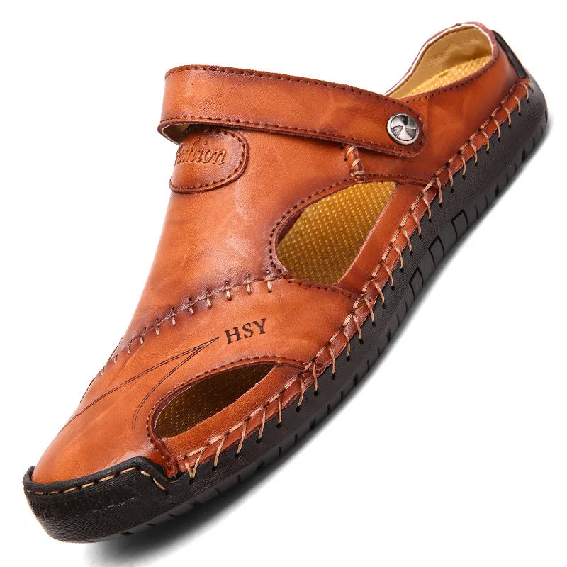 Große Größe Herren Sandalen Freizeit Leder Strand Schuhe Atmungsaktive Slip-On Langlebige genähte Konstruktion Bequeme Wandersandalen