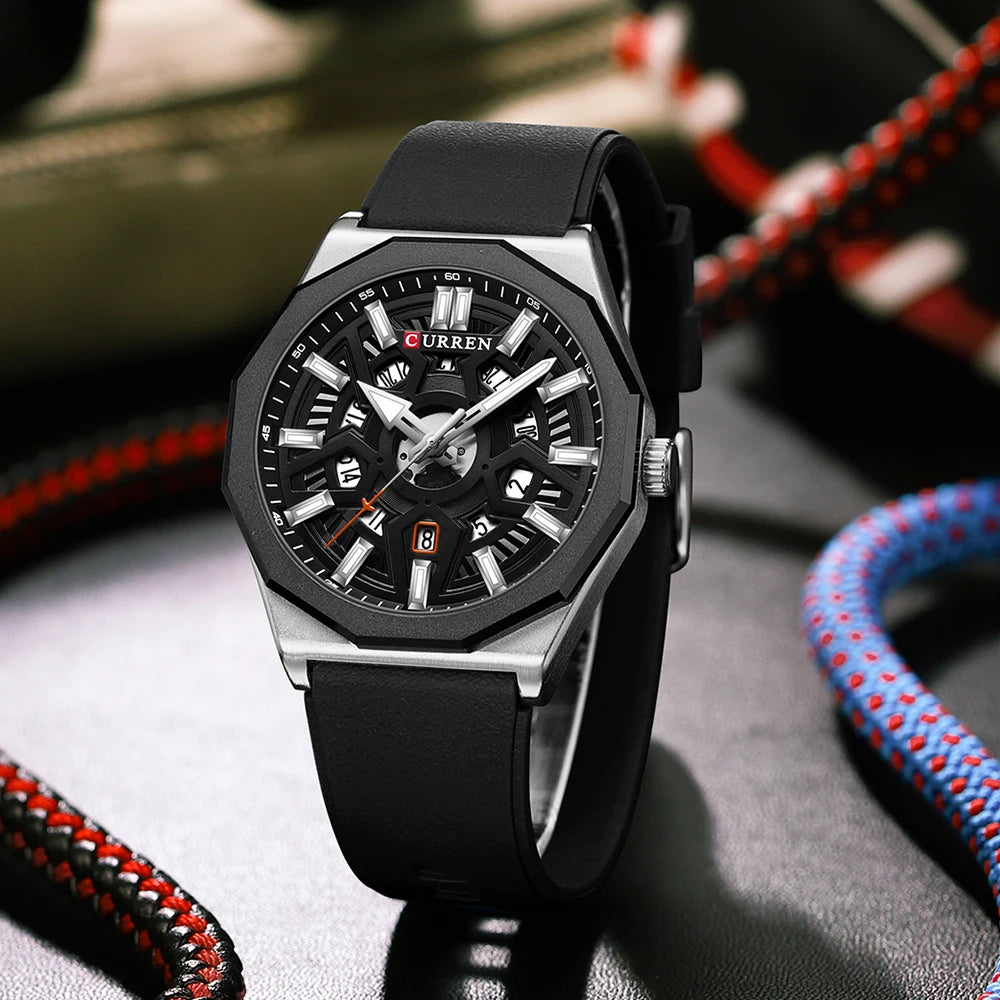 CURREN Fashion Creative Design Watches Men Quartz Silicone Strap Date Wristwatches for Male Clock with Luminous Hands - Sun Studio
