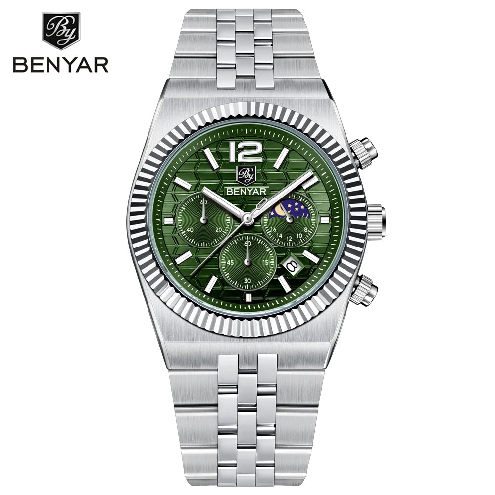 2025 New BENYAR Moon Phase Mens Watches Top Luxury Quartz Chronograph Watch For Men Stainless Steel Waterproof Sports Clock Gift - Sun Studio