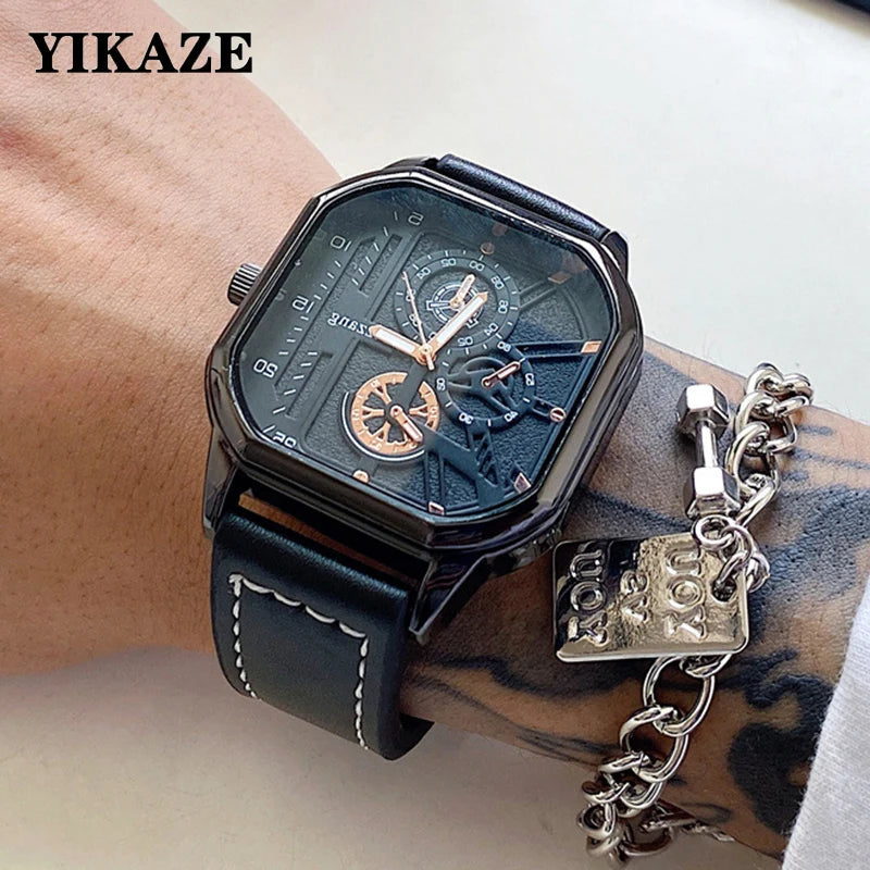 YIKAZE Alloy Men Quartz Watches Leather Strap Big Dial Student Square Sports Watch Cool Black Men's Watch Waterproof  Wristwatch - Sun Studio