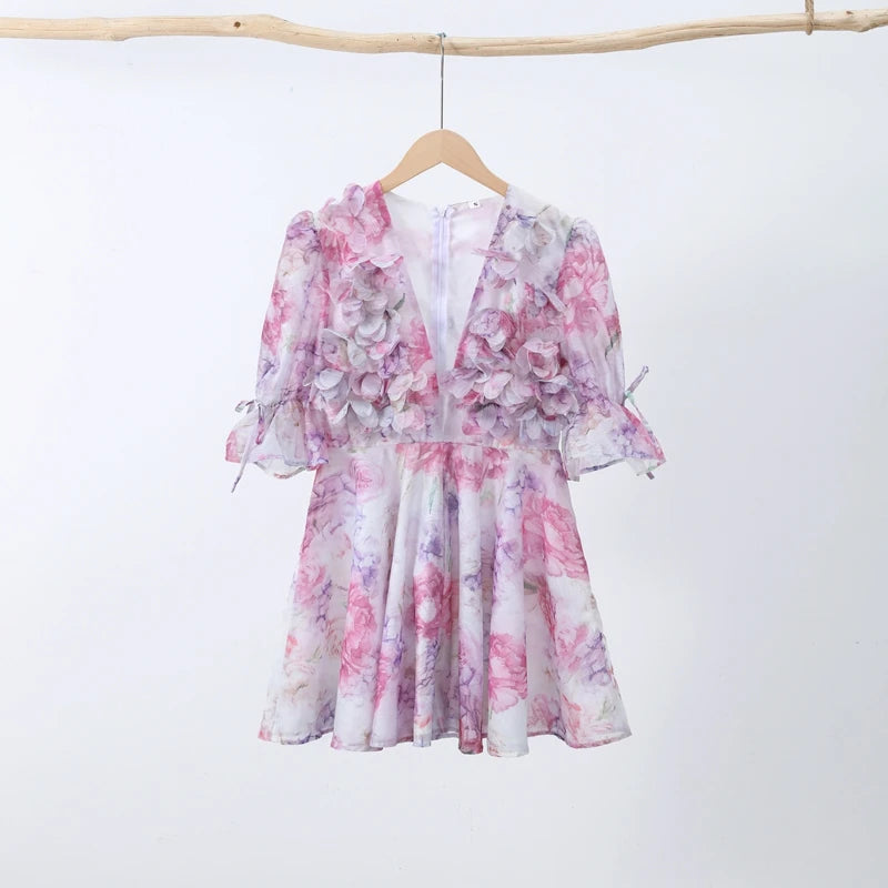 Sexy Flower Print Mini Dresses Women Elegant Ruffles Flared Sleeve Layered V-neck Vestido Female Evening Club Party Outfits 2026 - Sun Studio