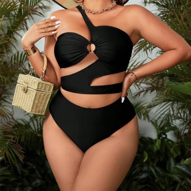 2024 Plus Size Swimwear One Shoulder Cut Out Black Sexy Women's Swimsuit Curvy Female Bikini Sets - Sun Studio