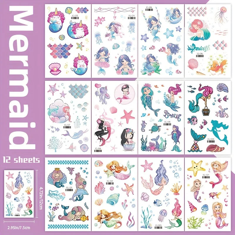12 Sheets Glitter Mermaid Tattoo Stickers For Kids Cute Unicorn Temporary Tattoos Body Art Fake Tattoo Birthday Party Favors - Sun Studio