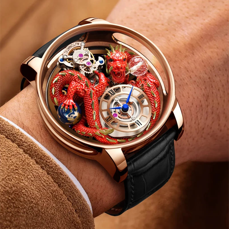 PINDU Design New 3D Dragon Earth Theme Quartz Watches Men Celestial Series Curved Mirror Transparent Design Watch Wristwatches - Sun Studio