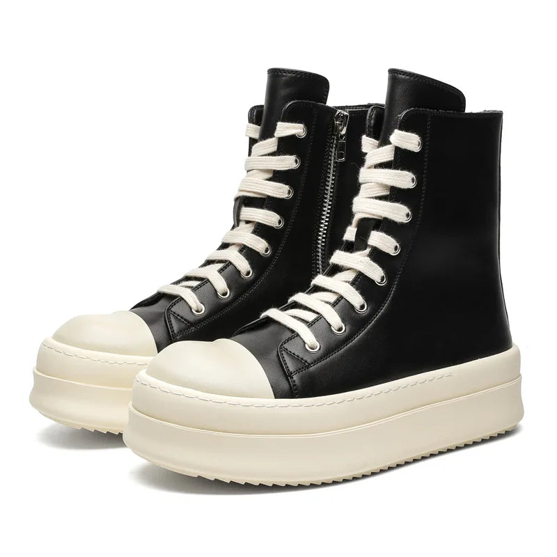 Cow split leather men leisure boots lace up black white shoes casual platform - Sun Studio