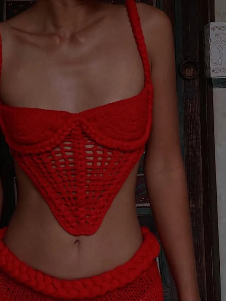 Halter Knitted Vest Bikini Top Split Fishtail Skirt Set Crochet Hollow Out Beach Swimsuit Sexy Backless Suspender Long Skirts - Sun Studio