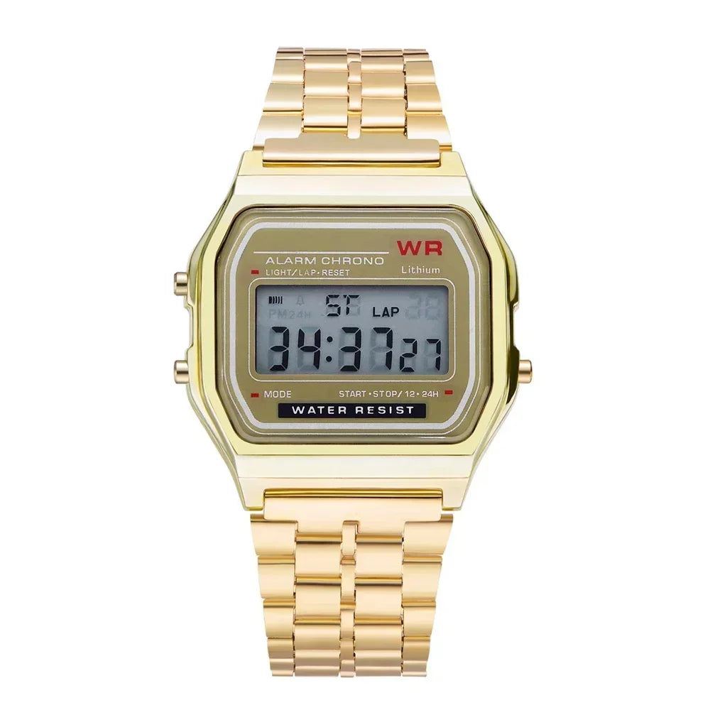 Women Casual LED Electronic Watch Man Retro Stainless Steel Watches for Women Unisex LED Digital Watch Multifunction Wristwatch - Sun Studio