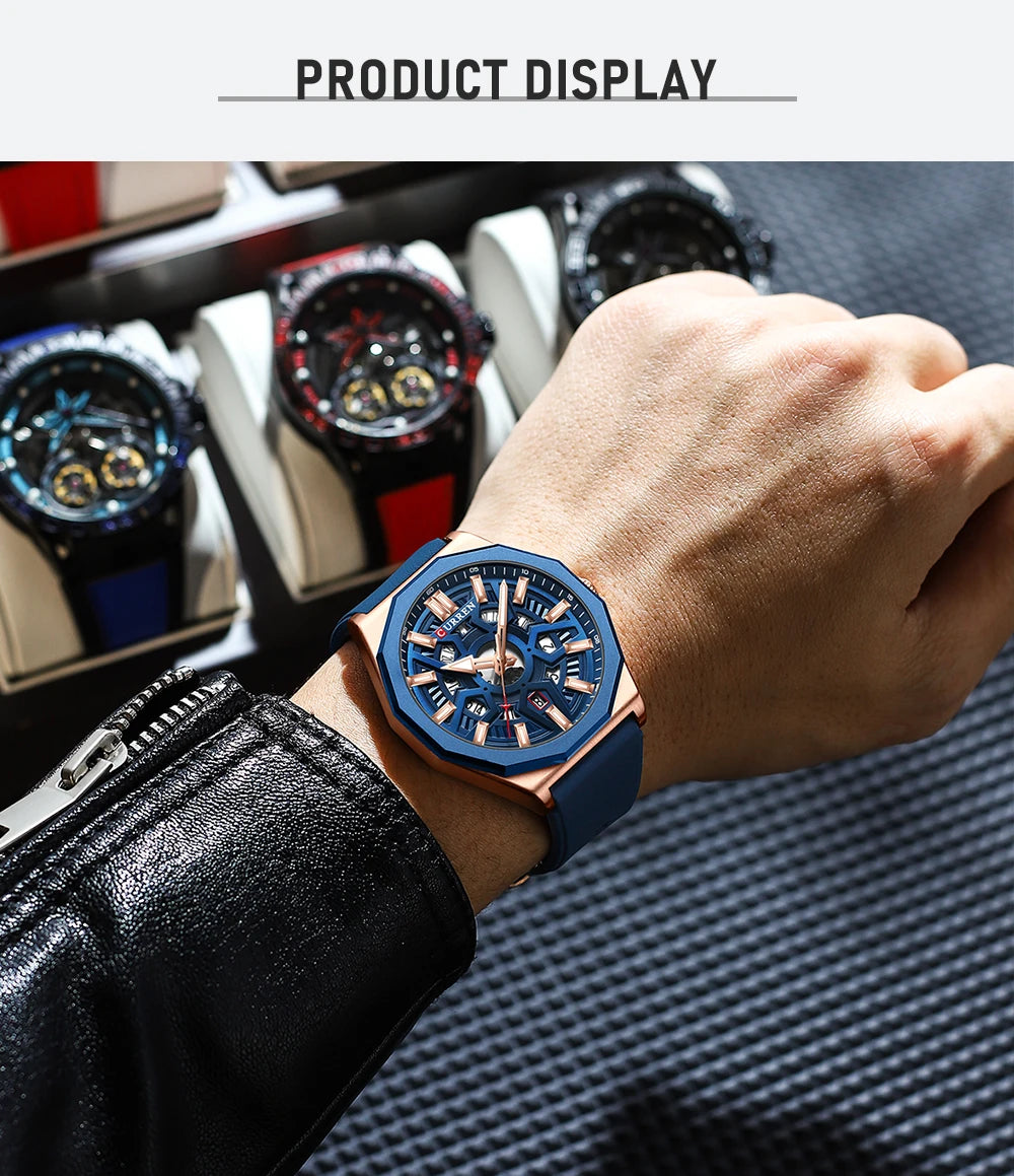 CURREN Fashion Creative Design Watches Men Quartz Silicone Strap Date Wristwatches for Male Clock with Luminous Hands - Sun Studio