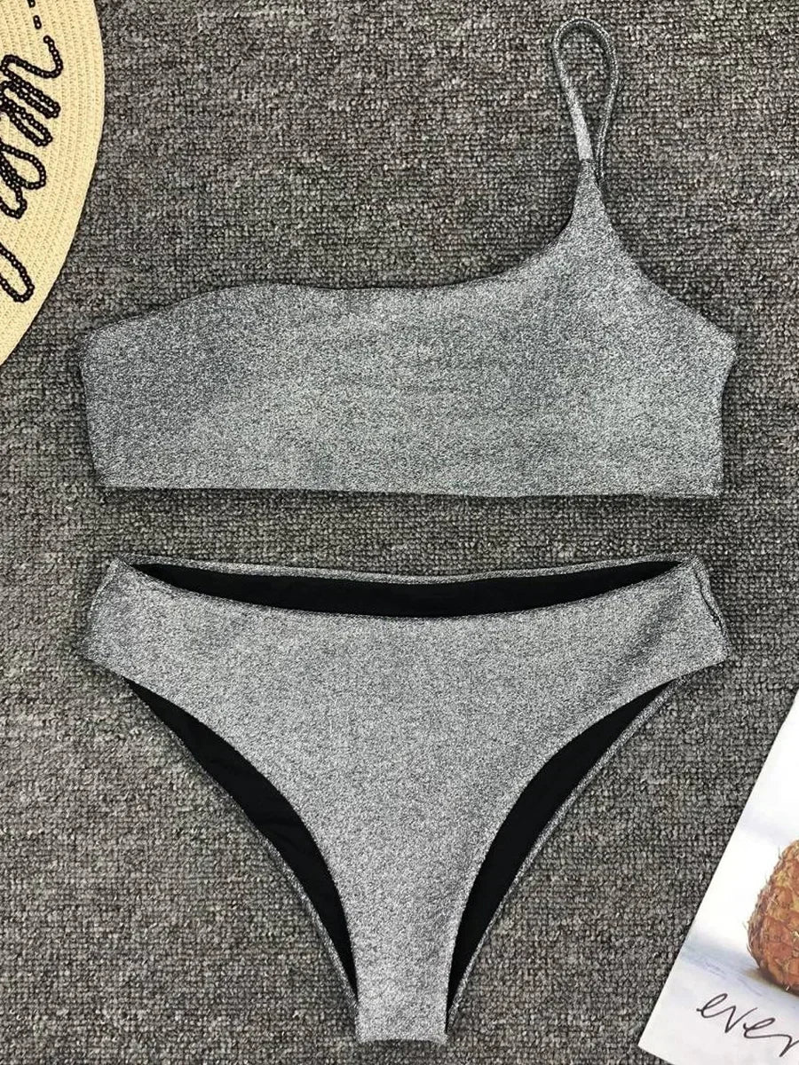 Sexy Shiny Sparkling One Shoulder Bikini Female Swimsuit Women Swimwear Two-pieces Bikini Set High Waist Bathing Suit Swim Lady - Sun Studio