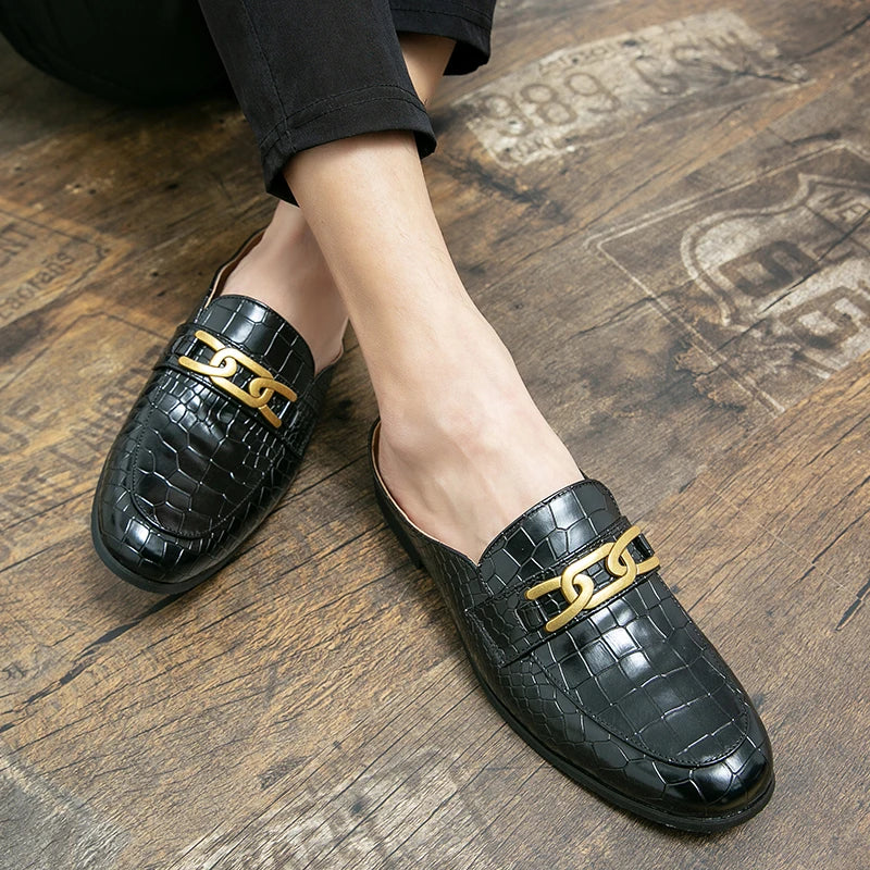 100% Echtes Leder Schwarze Herren Halbschuhe Für Herren Schuhe Mules Lässige Designer Schuhe Mode Slipper Luxus Schwarze Hausschuhe 2022