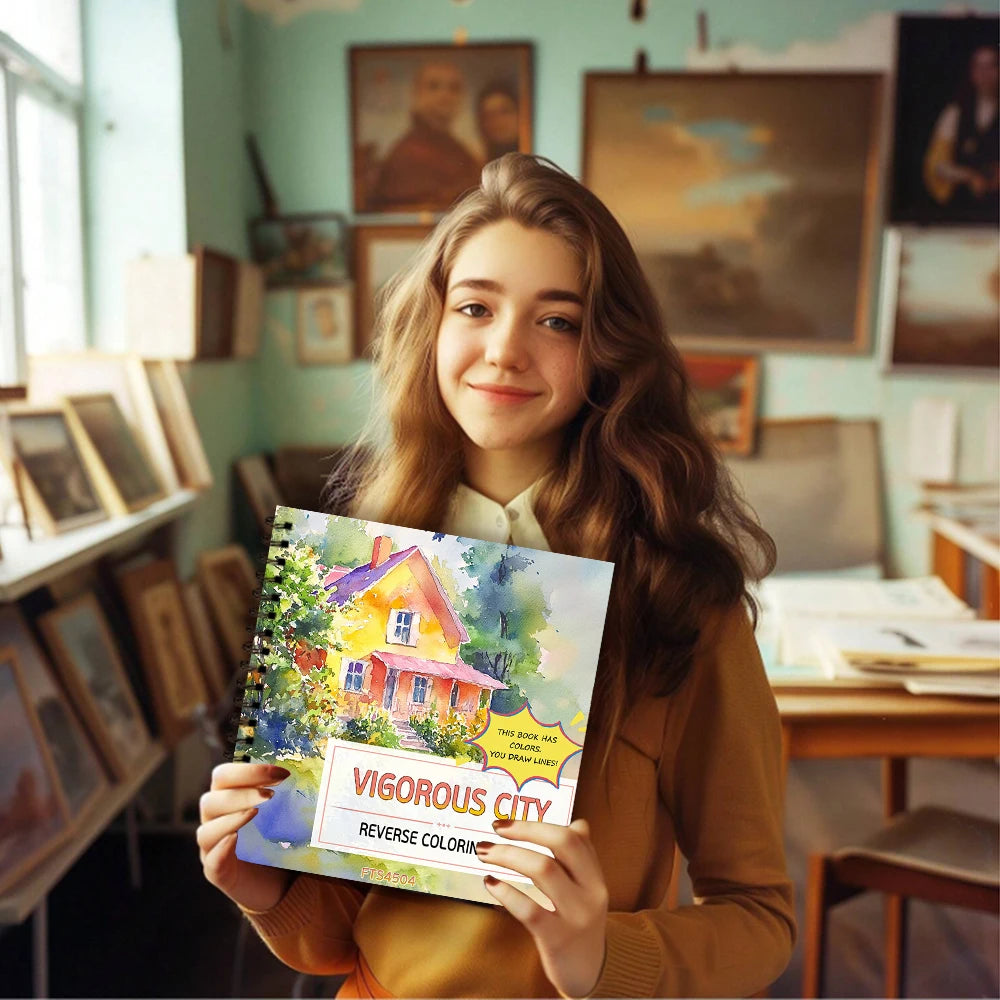 1pc Watercolor City Reverse Coloring Book,30 Thick Pages 100gsm,Creative Lines Activity,Perfect Gift for Family Friend Colleague - Sun Studio