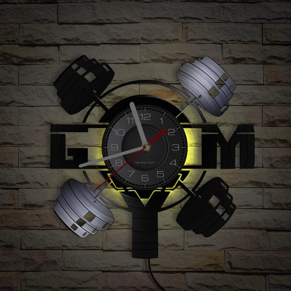 Fitness Equipment Thema Vinyl Schallplatte Fitness Wanduhr Heimdekoration LED Hintergrundbeleuchtung Moderne Fitness Uhr