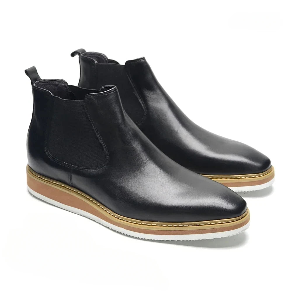 Britischer Stil Kuh Echtes Leder Herren Chelsea Stiefeletten Slip-On Elastisches Band Hohe Sneakers Freizeit Dress Boots für Männer