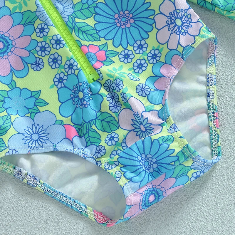 Infant Girls Rash Guard Swimsuit Floral Print Zipper Long Fly Sleeve Sun Protection Bathing Romper Swimwear - Sun Studio