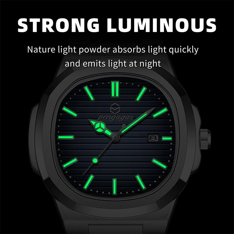 PENGAGAR Luxury Square Fashion Man Wristwatch Waterproof Luminous Date Week Quartz Men's Watches Stainless Steel Men Watch Reloj - Sun Studio