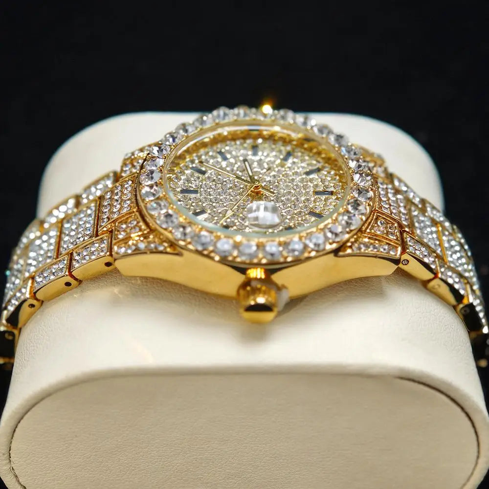 2025 Hot Fashion Gold Watches Women Luxury Stainless Steel Elegant Iced Diamond Jewelry Quartz Wristwatch Ladies Dropshipping - Sun Studio