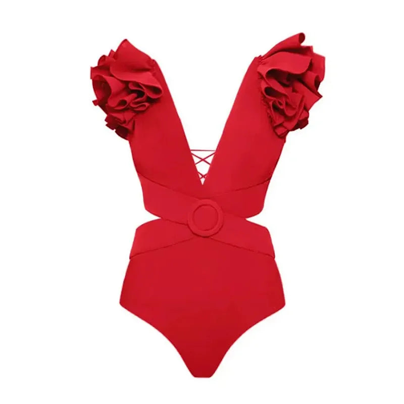 2024 Sexy Women's Swimsuit with Skirt One-Piece Swimwear Vintage Ruffle V Neck Cover Up Bikinis Set Beachwear Bathing Suit - Sun Studio