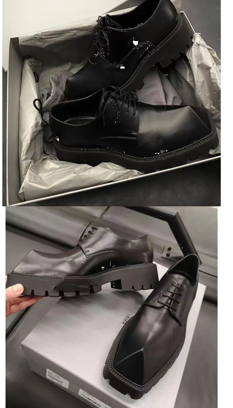 2025 Men's Big Head Leather Niche Design Casual Platform Rhino Horn Square Single Sneakers Derby Shoes - Sun Studio