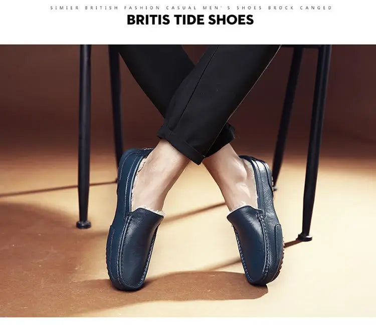 Winter Fur Loafers Men Casual Shoes Cotton Leather Dress Shoes Slip-on Flats Plush Man Moccasins Fleece Lined Driving Shoes - Sun Studio