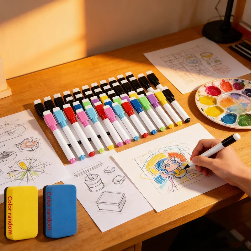 100/5Pcs Dry Erase Whiteboard Markers Set, Washable Pens with Magnetic Eraser for Office Whiteboards & Art Supplies - Sun Studio