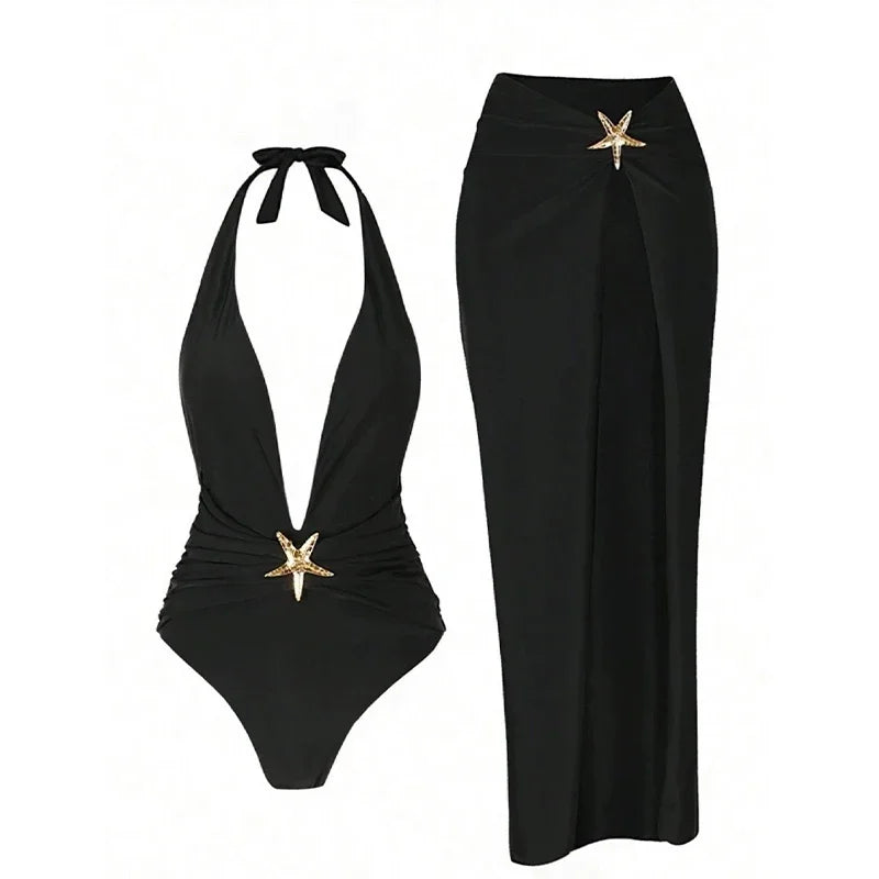 Sexy Halter Starfish Decorative Bikini Set Women 2025 Summer Solid Deep V-neck Swimsuit Side Split Skirt Lady Beach Holiday Suit - Sun Studio