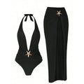 Sexy Halter Starfish Decorative Bikini Set Women 2025 Summer Solid Deep V-neck Swimsuit Side Split Skirt Lady Beach Holiday Suit - Sun Studio