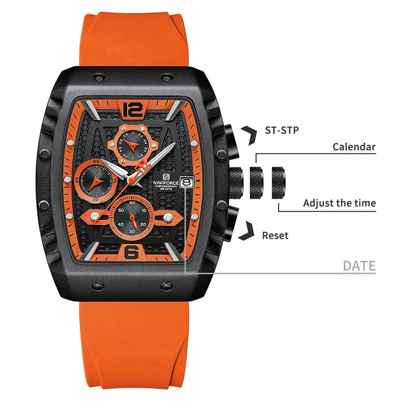 NAVIFORCE Creative Barrel-Shaped Dial Men Watches Fumed Silica Strap Waterproof Quartz Chronograph Date Display Male Wrist Watch - Sun Studio