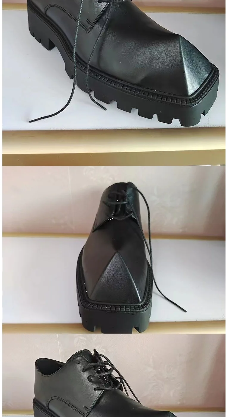 2025 Men's Big Head Leather Niche Design Casual Platform Rhino Horn Square Single Sneakers Derby Shoes - Sun Studio