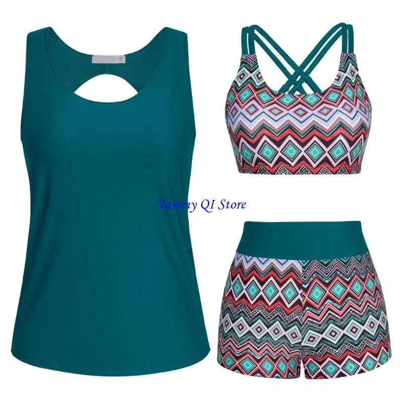 F1FD Women Flowers Print Bathing Suit 3 Pcs Split Swimwear Tankini Swimsuit Swimming Costume Set Ladies Sports Swimwear - Sun Studio