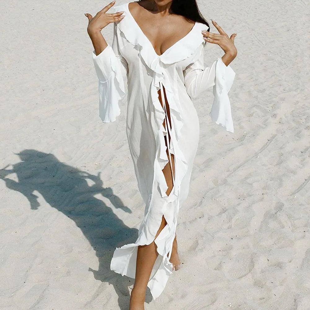 V Neck Summer Beach Cover Up Long Sleeve Ruffled Bikini Sunscreen Smock Vacation Casual Swimsuit Cover Up Dress for Women - Sun Studio