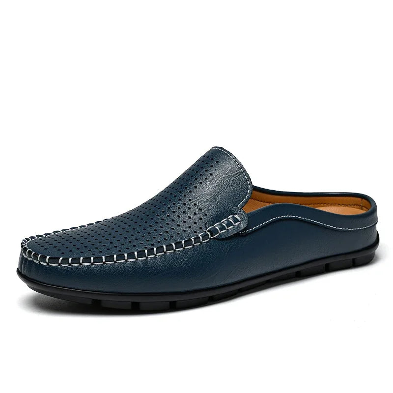 Half Shoes for Men Summer Mens Mules Perforated Leather Slippers Casual Slip-ons Loafers Flats Black Brown - Sun Studio