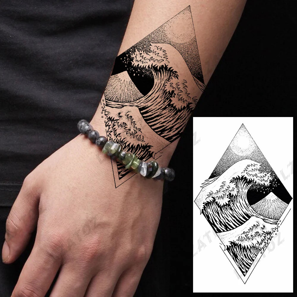 Einzigartige dreieckige Ozeanwelle Temporäre Tattoos für Männer Frauen realistische Tiger Löwe Fake Tattoo Aufkleber Spruch Transfer Kunst Tattoos
