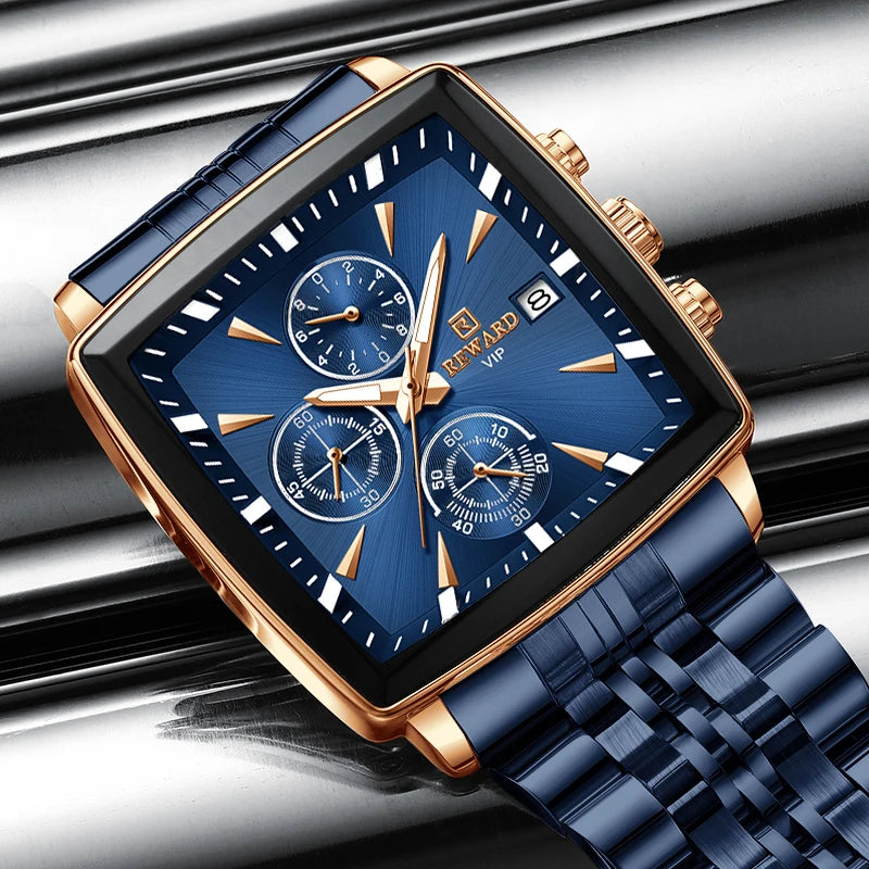 REWARD Fashion Square Dial Watch for Men Stainless Steel Waterproof Quartz Chronograph Mens Watches Luxury Sport Male Clock - Sun Studio