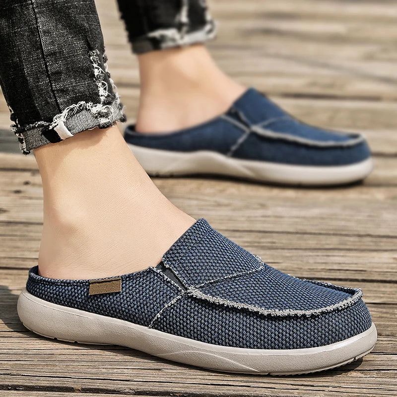 Casual Slip on Mens Shoes Outdoor Walking Comfortable Canvas Slippers Korean Trend Baotou Half Drag Slides Zapatillas Hombre - Sun Studio