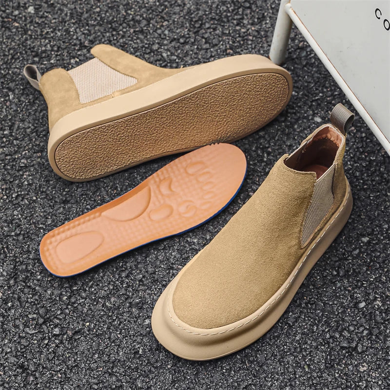 Fashion Brand Men Genuine Leather Mid Top Boots with British Style Autumn Winter Men Anti Slip and Wear-resistant Chelsea Boots - Sun Studio