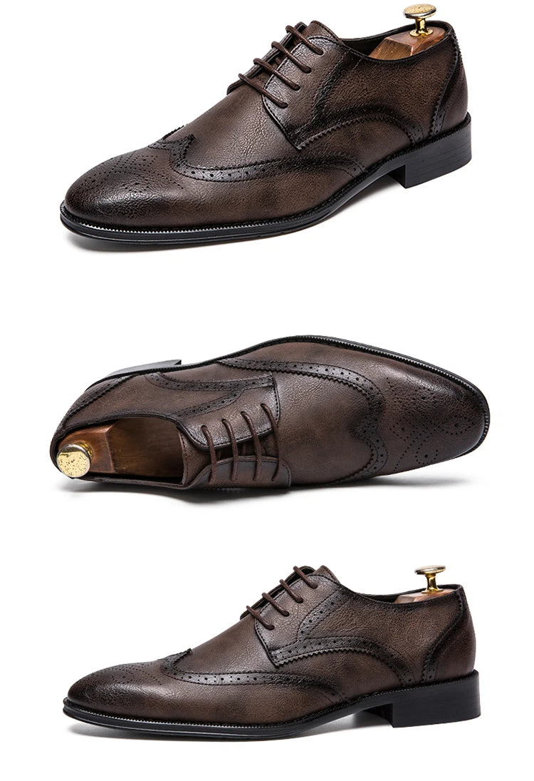 Lace-up casual leather shoes Men's wedding carved Brogues men's formal business pointed shoes Groom's leather shoes - Sun Studio