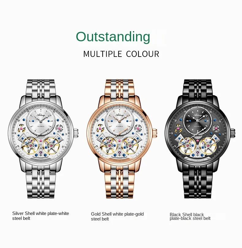 AILANG Brand New Luxury Double Tourbillon Watch for Men Stainless Steel Strap Waterproof Fashion Mechanical Watches Mens - Sun Studio
