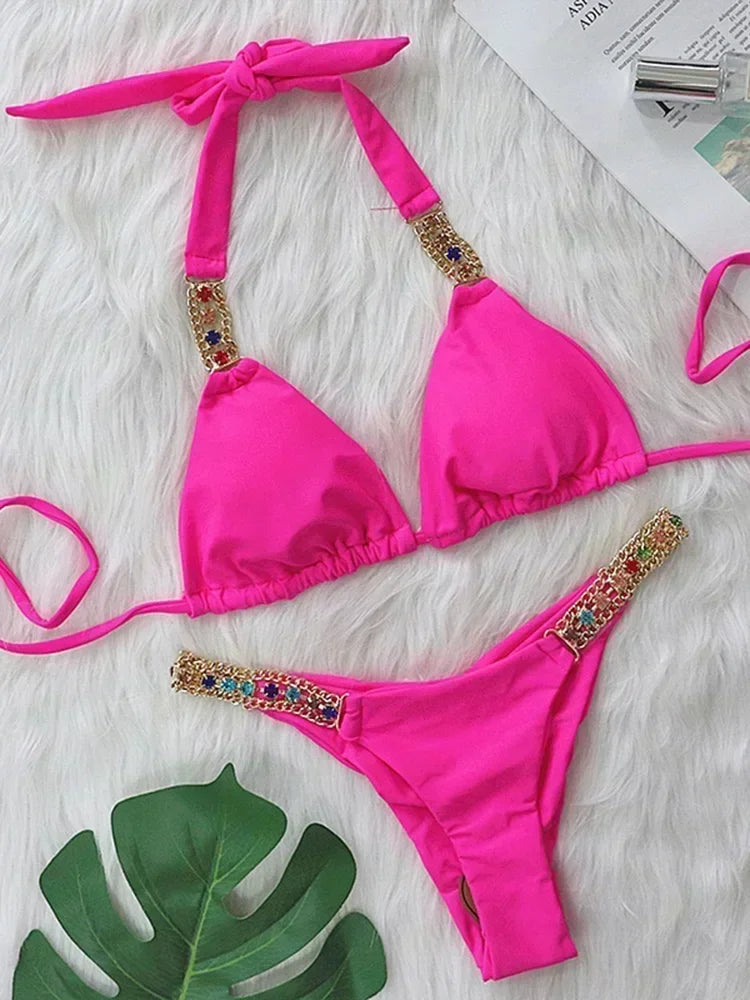 Halter Rhinestone Diamant Bikini Frauen Badeanzug Weibliche Bikinis Metallkette Badebekleidung Zweiteiliges Bikini Set Badeanzug Schwimmen Damen