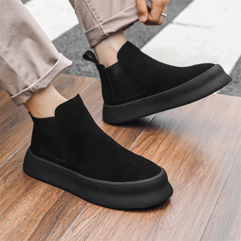 Fashion Brand Men Genuine Leather Mid Top Boots with British Style Autumn Winter Men Anti Slip and Wear-resistant Chelsea Boots - Sun Studio