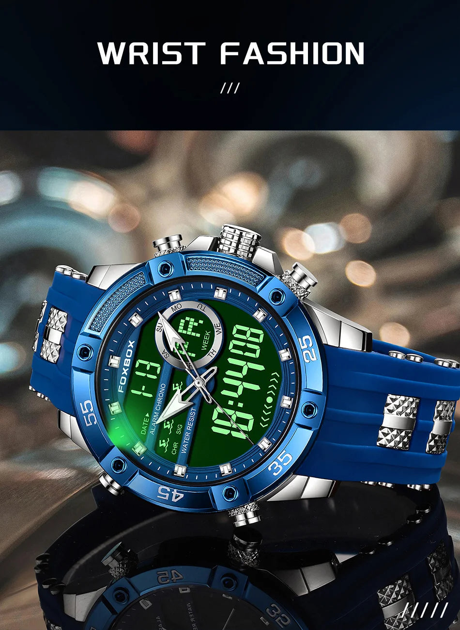 FOXBOX LED Dual Display Quartz Watch Soft Silicone Waterproof Luminous Digital Date Mens Watches Fashion Chronograph Man Watch - Sun Studio