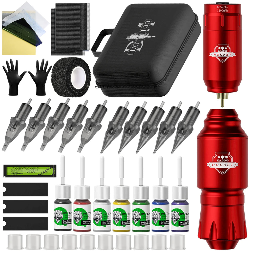 1set, DM Wireless Tattoo Kit ,Complete Mini Rocket Machine Battery Cartridge Needles Power Supply Inks Rotary Tattoo Pen Set - Sun Studio