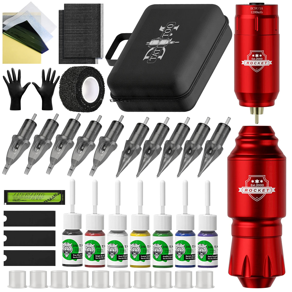 1set, DM Wireless Tattoo Kit ,Complete Mini Rocket Machine Battery Cartridge Needles Power Supply Inks Rotary Tattoo Pen Set - Sun Studio