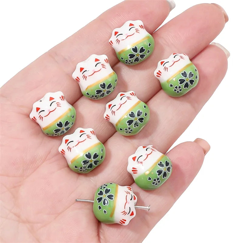 10Pcs 13X14MM Chinese Cute Animal Lucky Cat Vertical Hole Ceramic Beads For Home Decor DIY Accessories Hand-knitted Bracelet - Sun Studio
