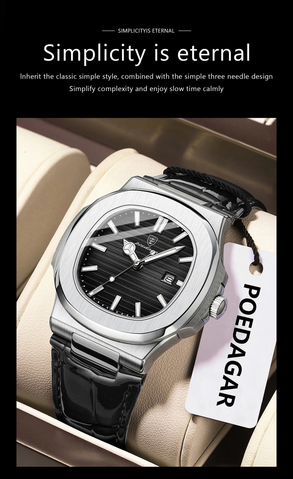 POEDAGAR Original Fashion Men's Wristwatch Date Waterproof Luminous Leather Watches For Men High Quality Square Quartz Man Watch - Sun Studio