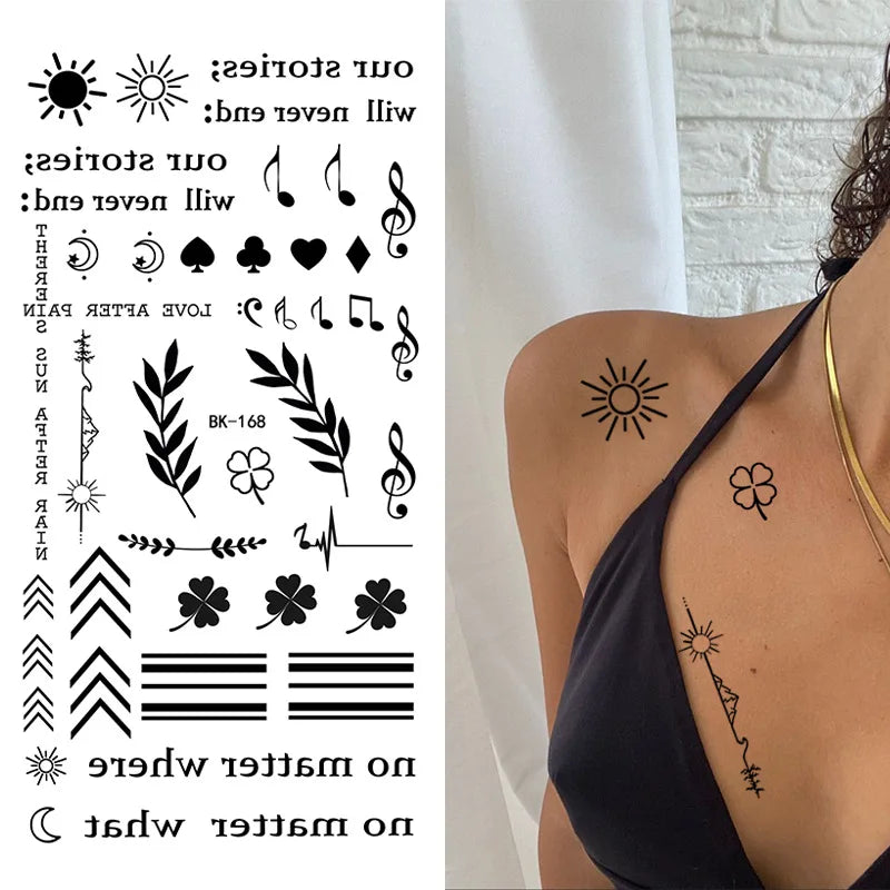 Schwarz Weiß Temporäre Transfer Tattoos Florale Schmetterlinge Schriftzüge Linienkunst Wasserfeste Körperaufkleber für Musikfestival Party