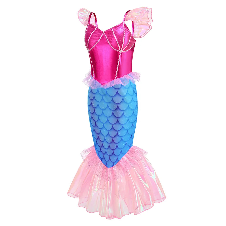 Disney Blue Red Purple Three Colors Mermaid Flying Sleeve Fishtail Beautiful Dress For Girl Summer Beach Party Cool Swimsuit Set - Sun Studio