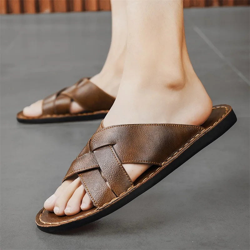 Handmade Leather Slippers for Men 2025 New Beach Summer Walking Shoes Slip on Light Male Flats Men Flip-flops Outdoor Half Drag - Sun Studio