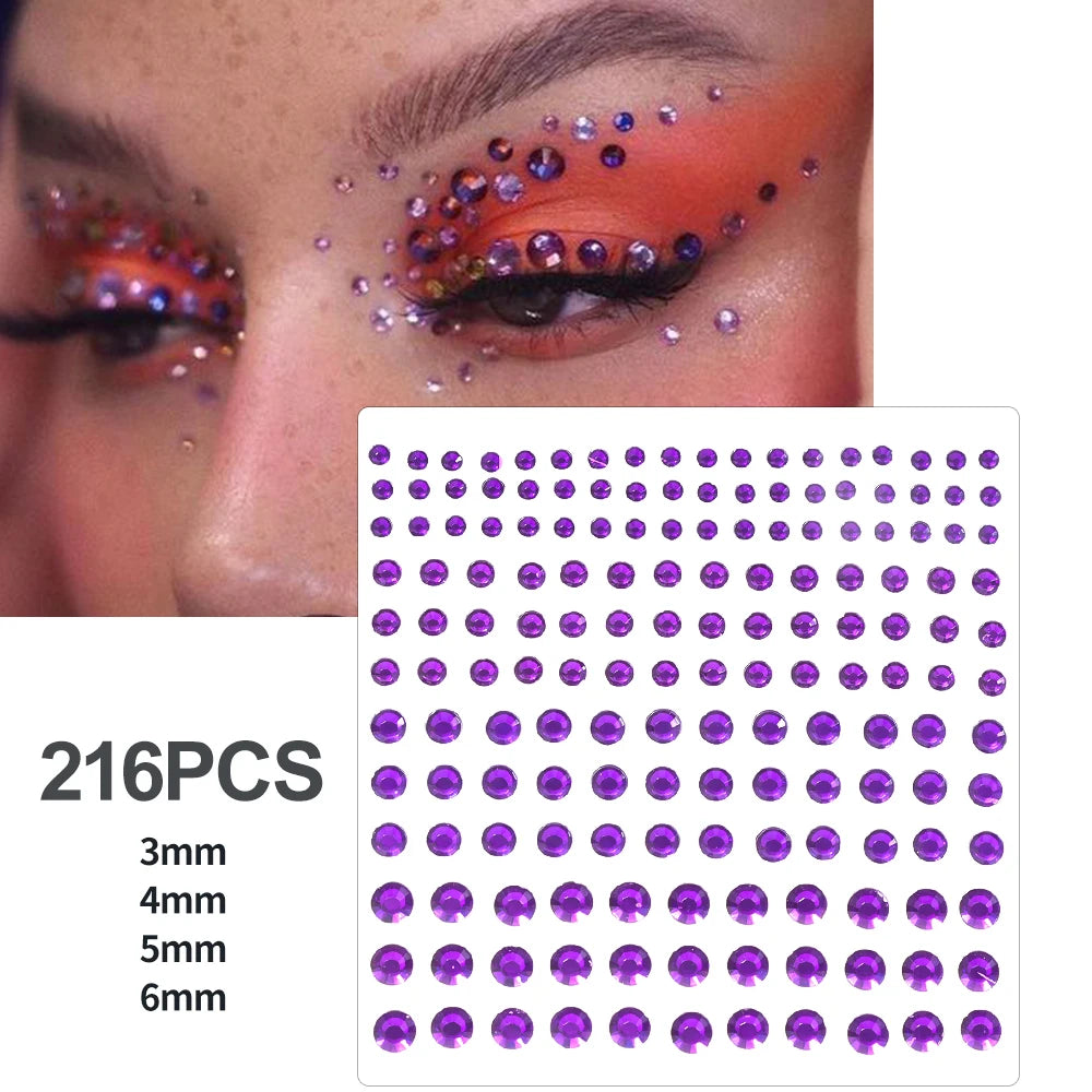 162/216/900pcs Eye&Face&Body Diamond Tattoos Stickers 3/4/5/6mm Colored Glitter Rhinestone Tattoo for Party Makeup Gem Accessory - Sun Studio
