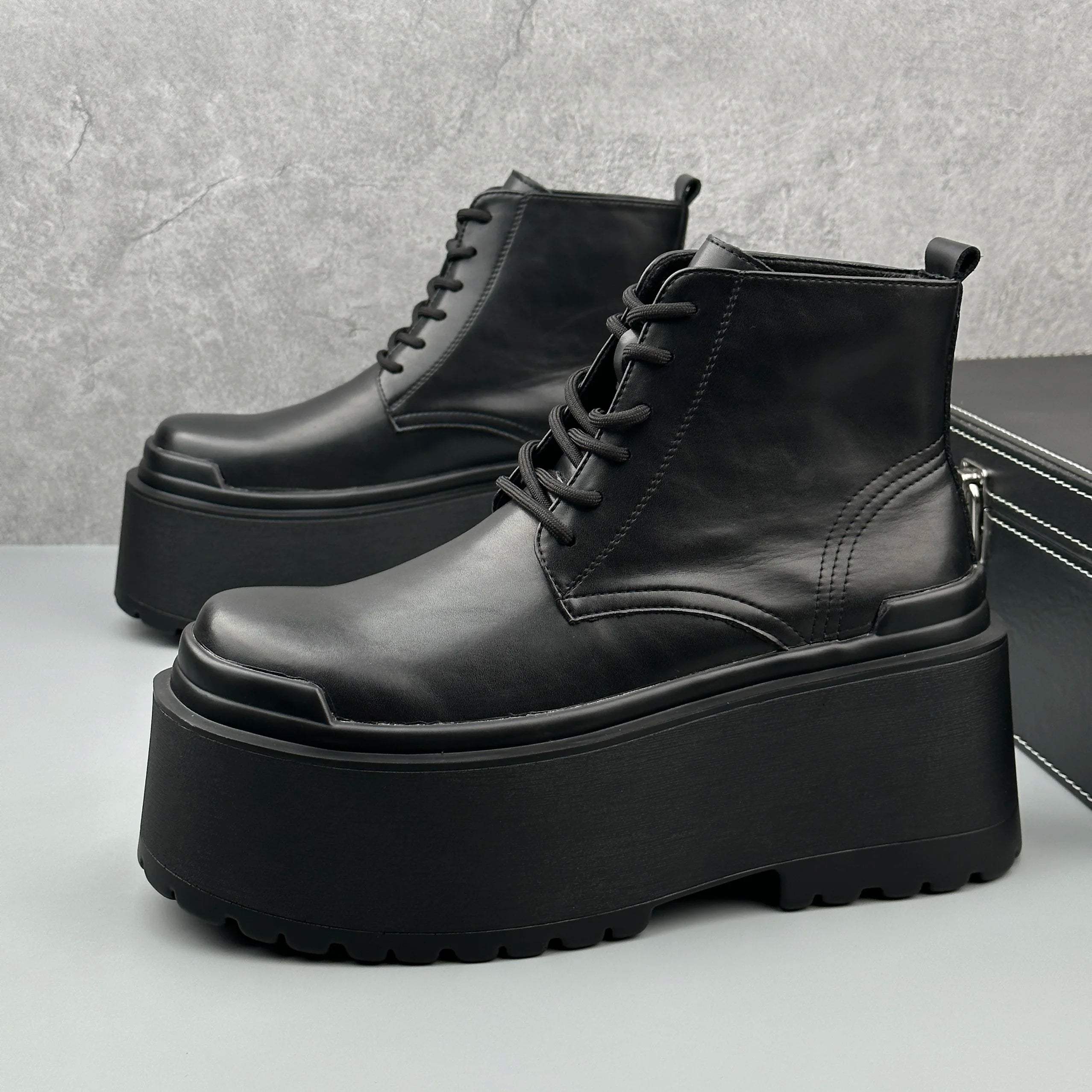 Men's Motorcycle Boots Platform Leather Luxury Height Increase 8cm Sneakers Lace Up Autumn Black Designer Shoes - Sun Studio
