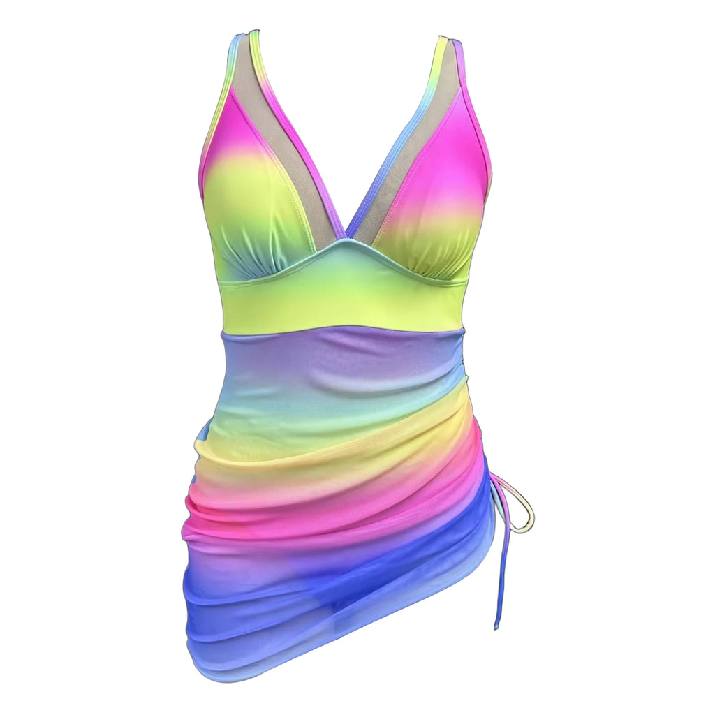 Women‘s Swimdress Summer 2025 New Sleeveless V Neck U Ring Bathing Suit Drawstring Mesh Sheer Tankini Swimsuit Swimwear - Sun Studio